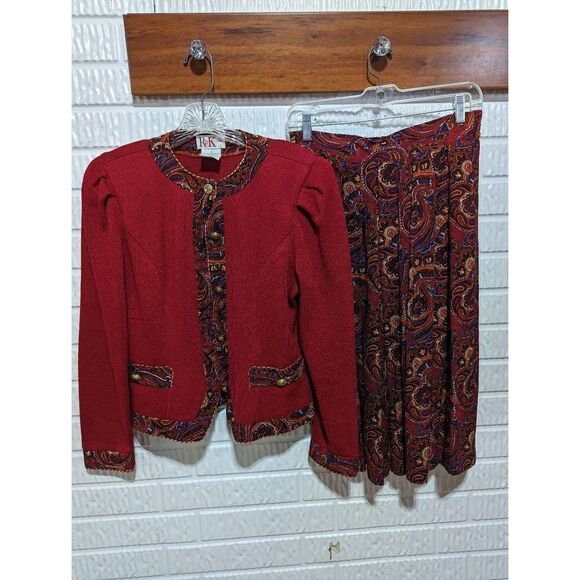 r&k originals Jackets & Blazers - Red Paisley Trim Blazer Vintage R&K Matching Skirt
